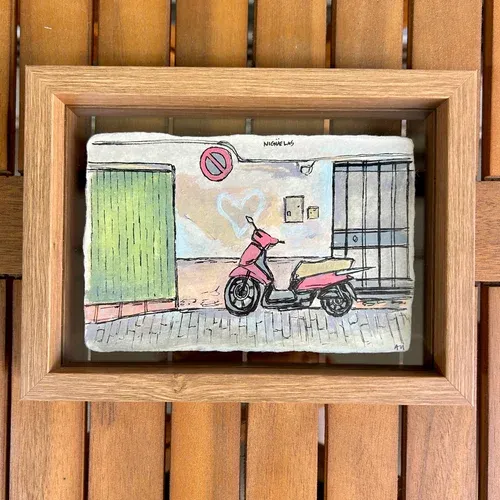 Painting called "Nigüelas No2" featuring a red moped on a Spanish cobblestone street.