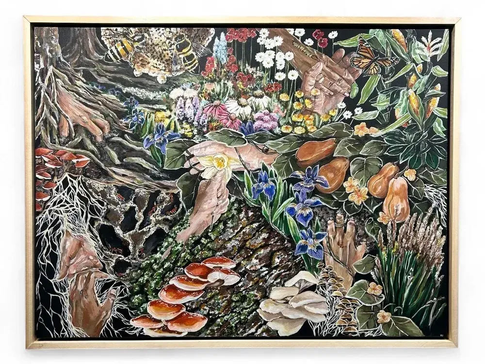 Painting called "Return to Our Roots" featuring intertwined hands and natural elements.